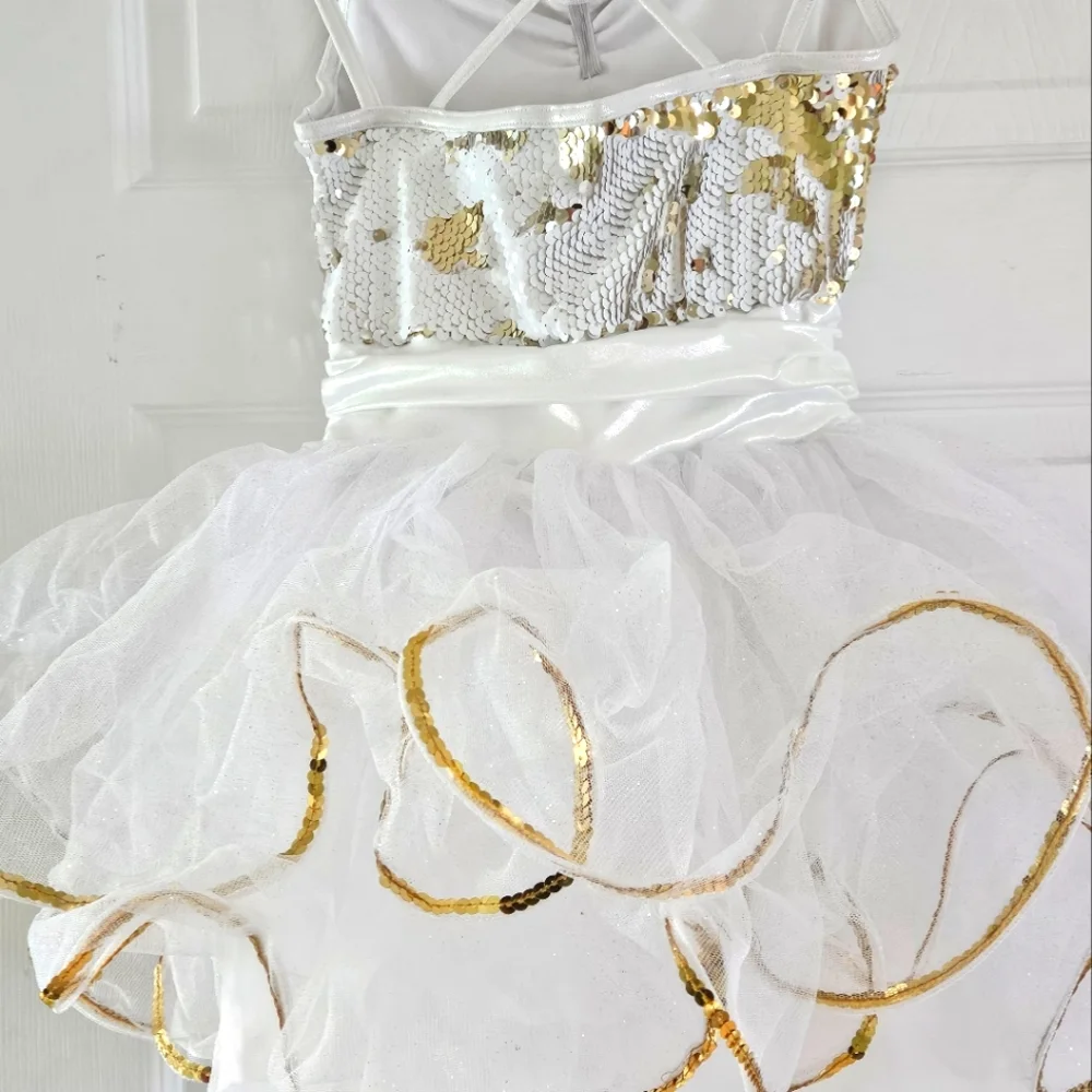 Weissman Dance Costume Size MC White Gold Recital Halloween Princess Ballet Tap